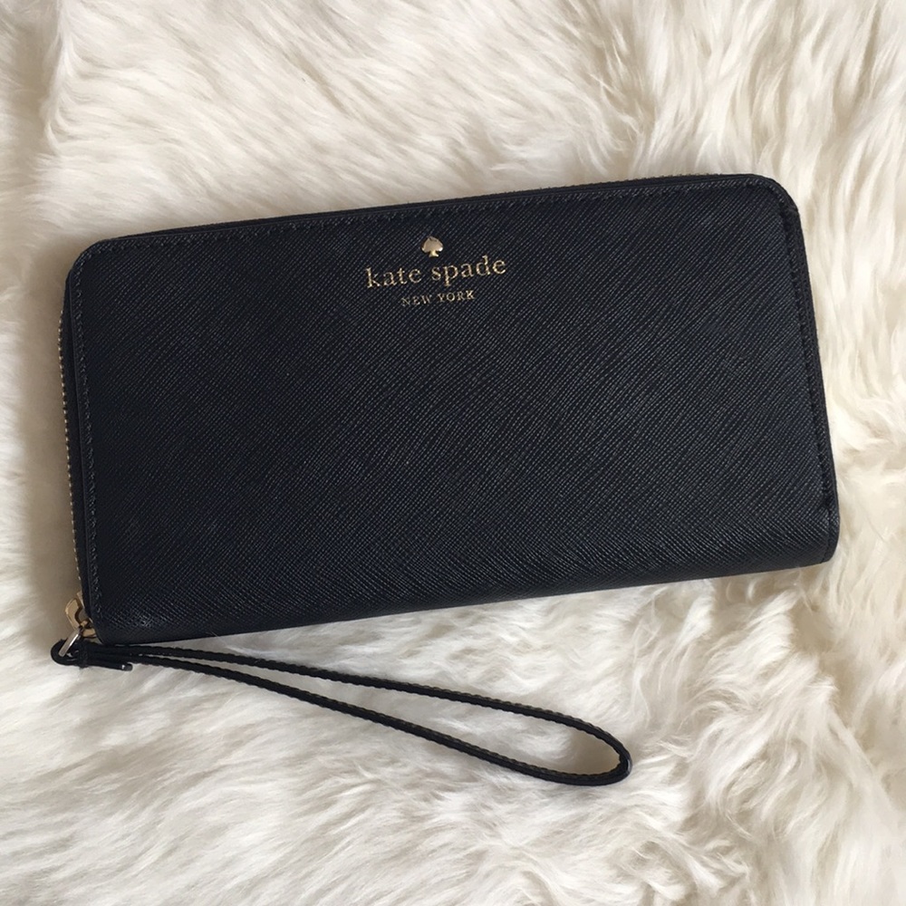 kate spade black zip-around wristlet wallet with gold logo